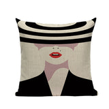 Fashion Women Cushion Cover Linen Girl Printing Throw Pillow Case Black Striped Romantic Red Wine Decorative Pillow Cover - one46.com.au