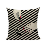 Fashion Women Cushion Cover Linen Girl Printing Throw Pillow Case Black Striped Romantic Red Wine Decorative Pillow Cover - one46.com.au