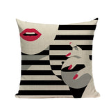 Fashion Women Cushion Cover Linen Girl Printing Throw Pillow Case Black Striped Romantic Red Wine Decorative Pillow Cover - one46.com.au